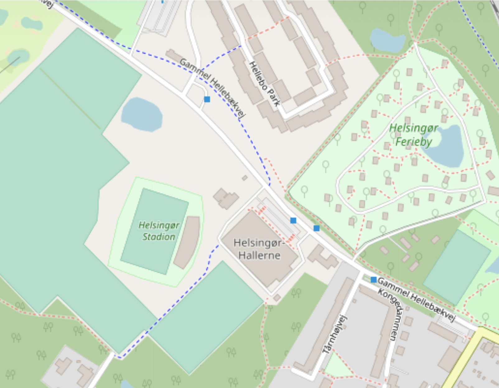 Områdekort med Helsingør Stadion, Helsingør Hallerne og Gammel Hellebækvej