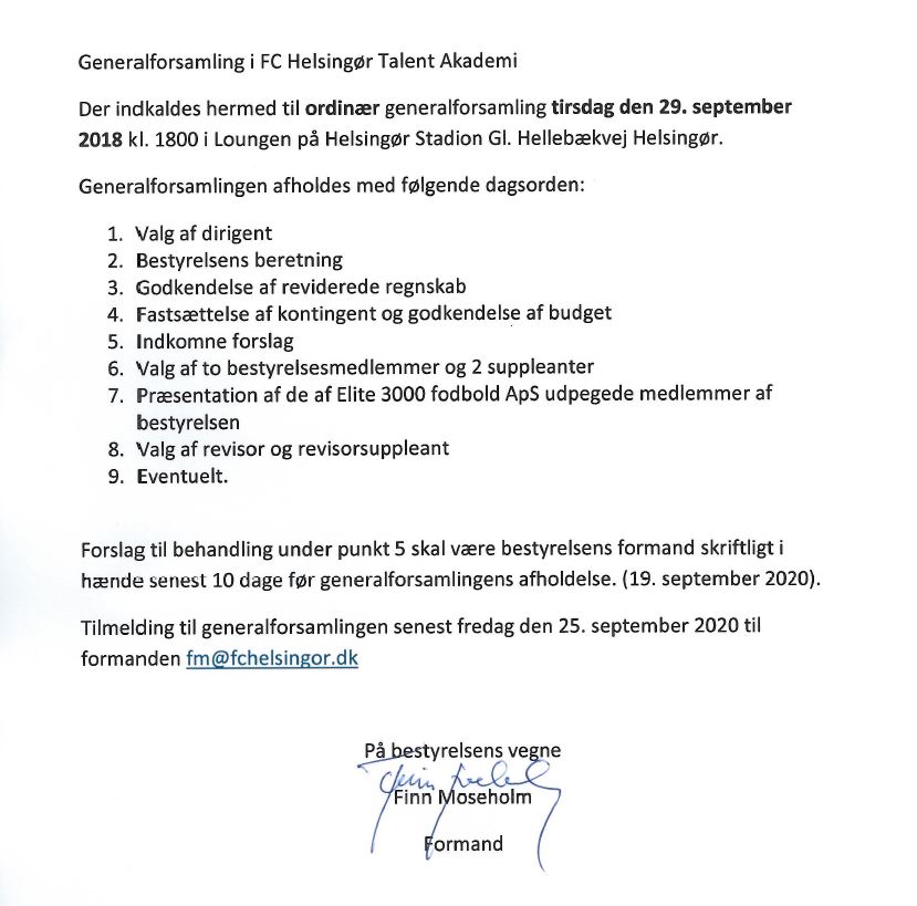 Indkaldelse til generalforsamling i FCH Talent Akademi