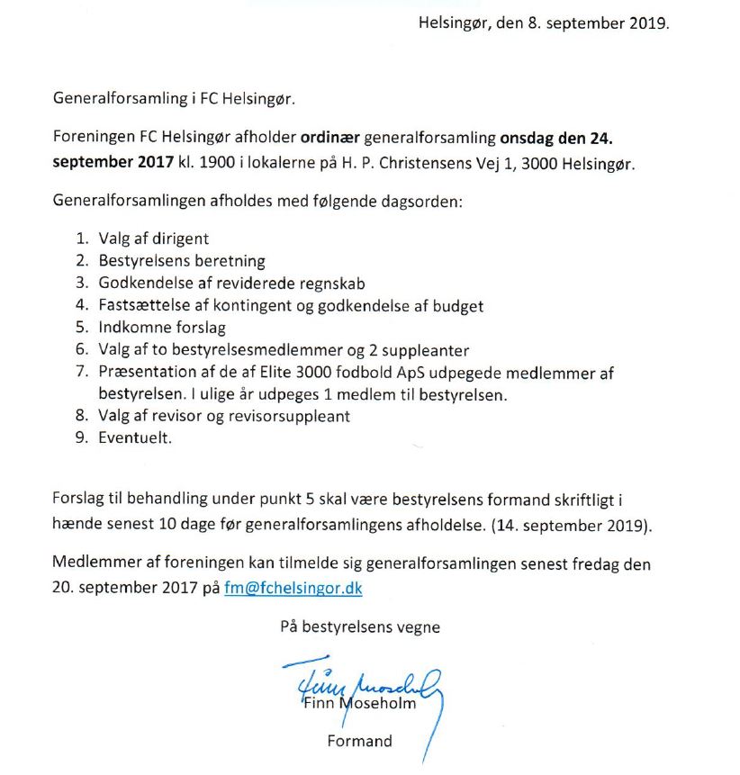 Indkaldelse til generalforsamling i Foreningen FC Helsingør