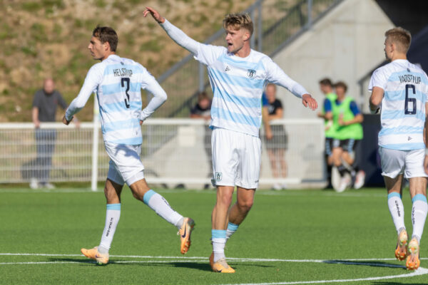 Målscorer Rasmus Dupont (FC Helsingør) under kampen i NordicBet Ligaen mellem FC Helsingør og SønderjyskE den 24. september 2023, på Helsingør stadion.
Foto: Andreas Birkebæk